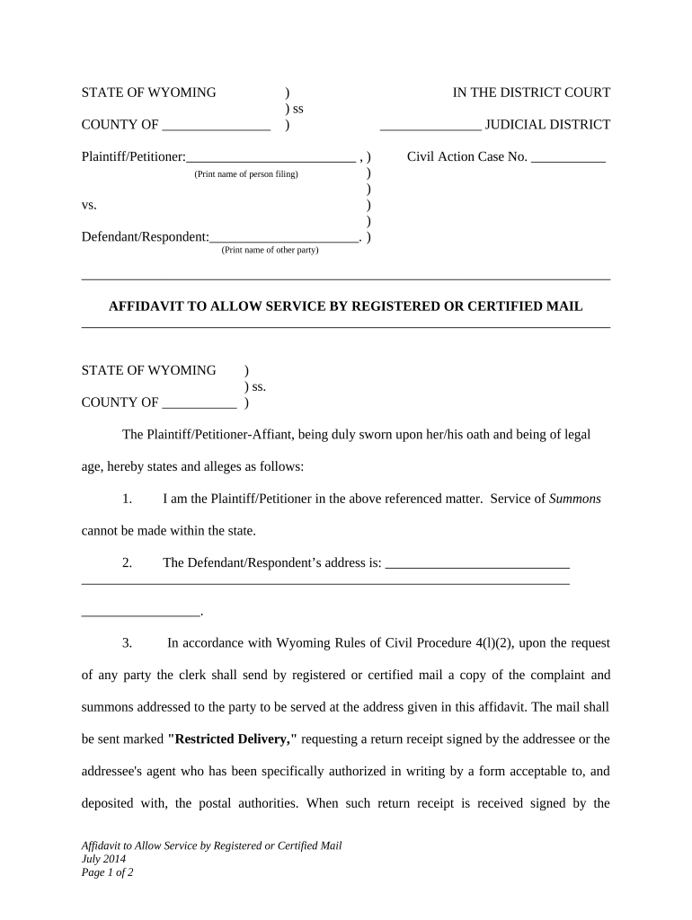 Affidavit to Allow Service By Registered Or Certified Mail for Child Custody Modification - Wyoming Preview on Page 1