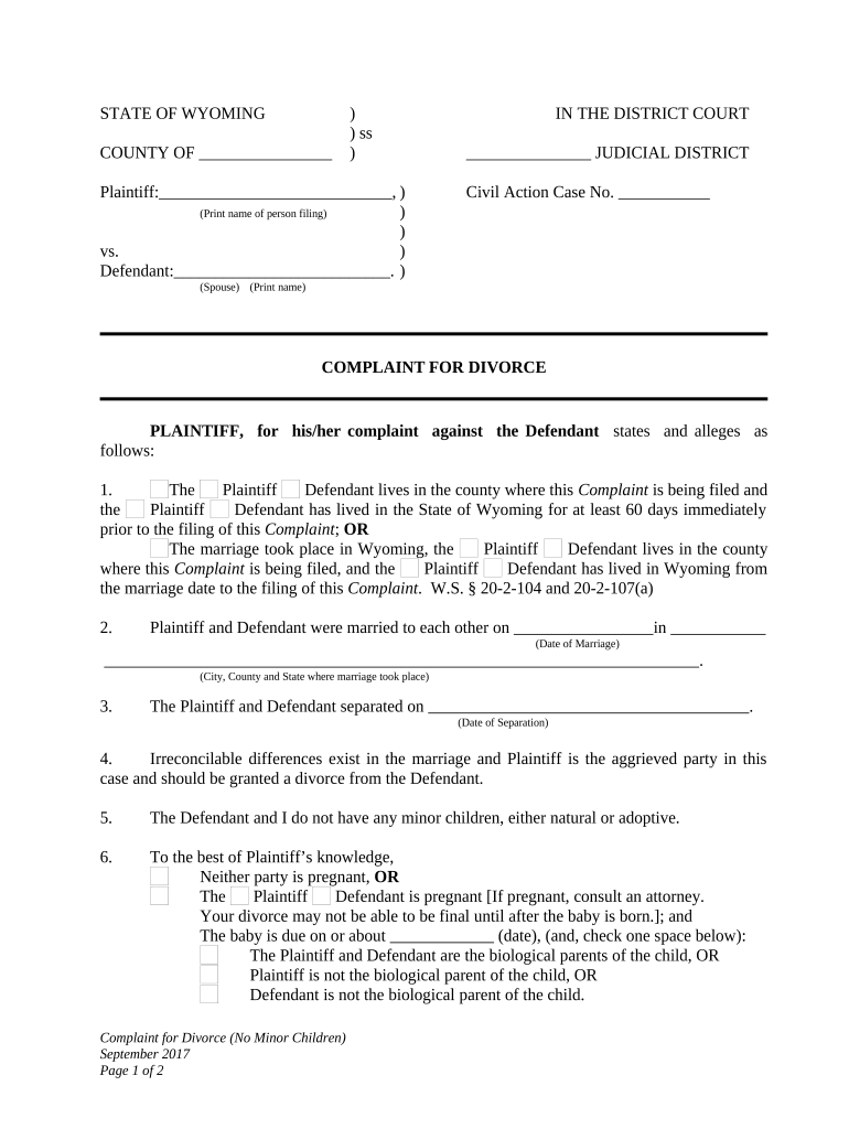 wyoming complaint divorce Doc Template pdfFiller