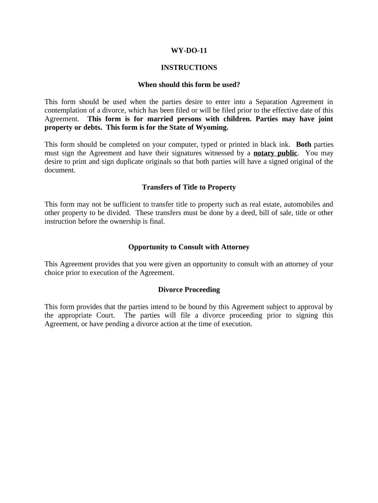Marital Domestic Separation and Property Settlement Agreement Minor Children Parties May have Joint Property or Debts where Divorce Action Filed - Wyoming Preview on Page 1