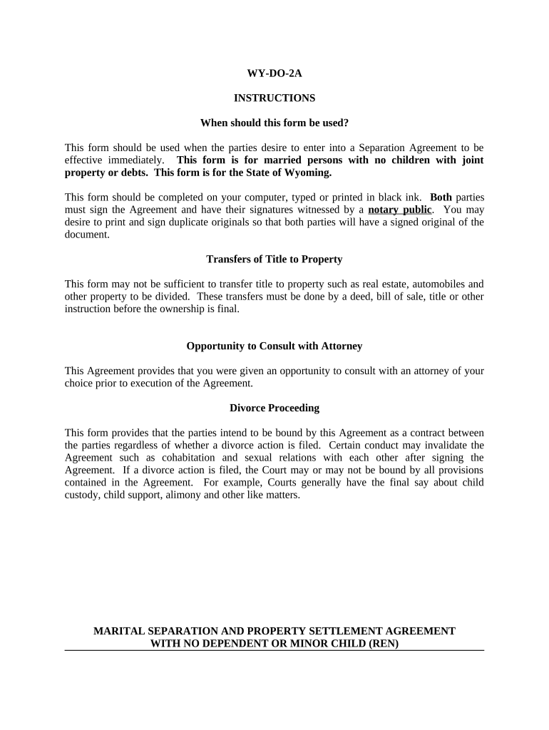 Marital Domestic Separation and Property Settlement Agreement no Children parties may have Joint Property or Debts Effective Immediately - Wyoming Preview on Page 1