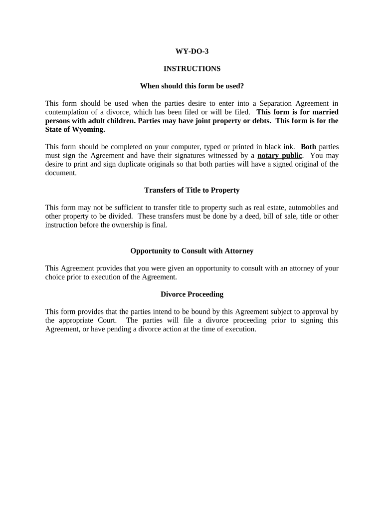 Marital Domestic Separation and Property Settlement Agreement Adult Children Parties May have Joint Property or Debts where Divorce Action Filed - Wyoming Preview on Page 1