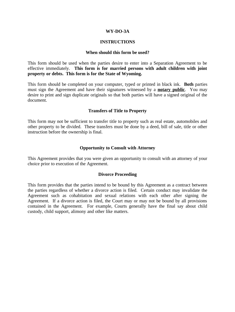 Marital Domestic Separation and Property Settlement Agreement Adult Children Parties May have Joint Property or Debts effective Immediately - Wyoming Preview on Page 1