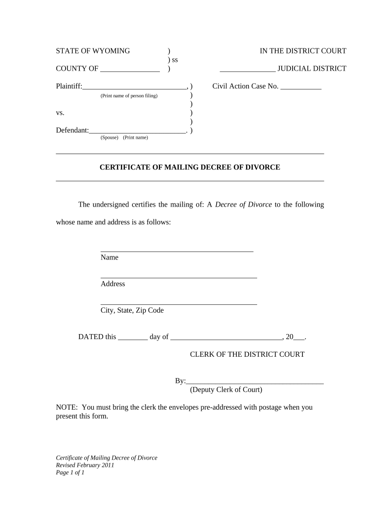 Certificate of Mailing Decree of Divorce - Wyoming Preview on Page 1