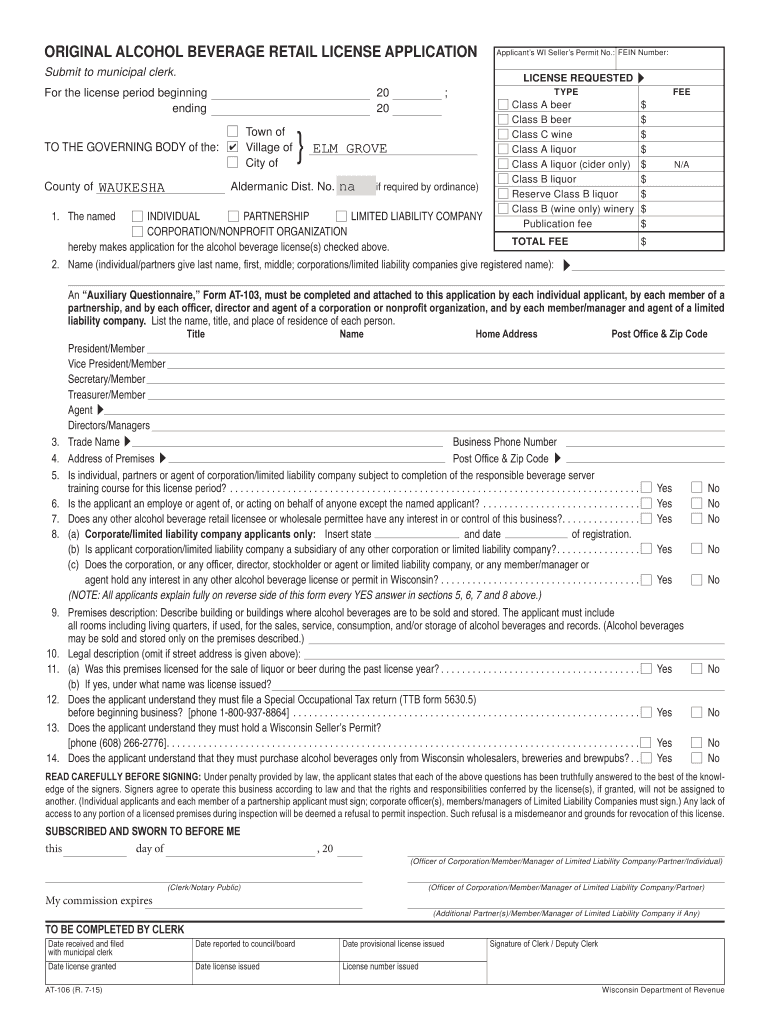 Fillable Online 2014 AT106 Original Alcohol Beverage Retail License