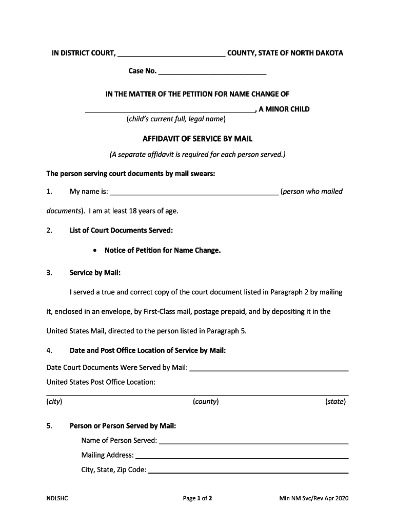 2020 ND Affidavit of Service by Mail - Minor Child Preview on Page 1