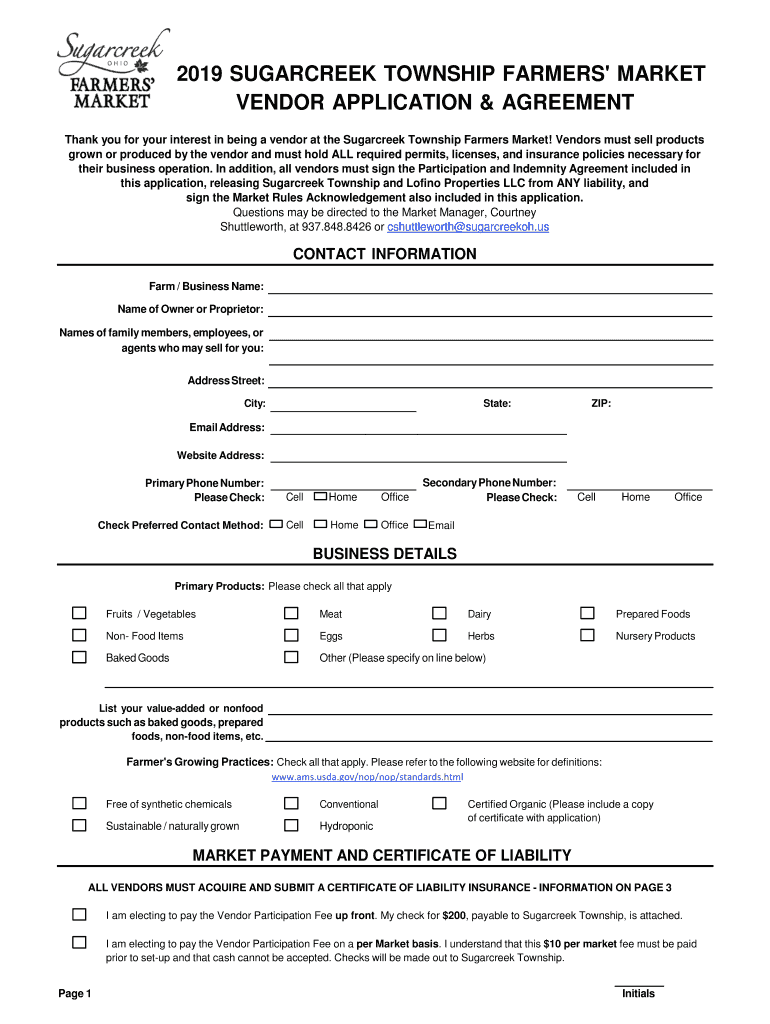Fillable Online 2019 sugarcreek township farmers' market vendor application Fax Email Print