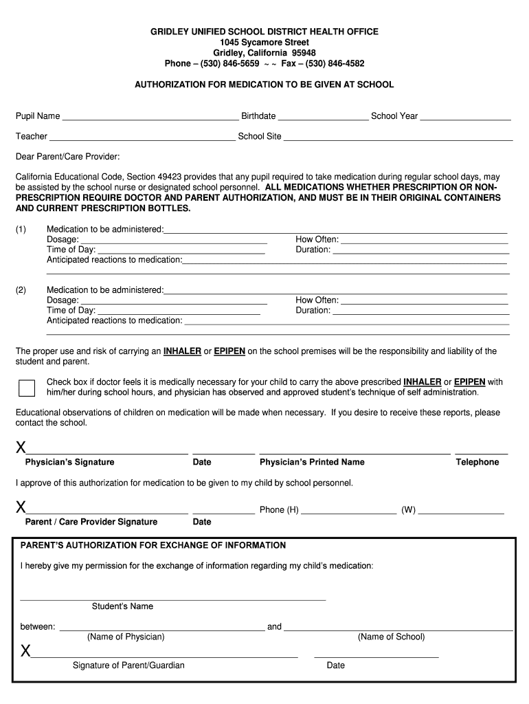 Fillable Online GRIDLEY UNIFIED SCHOOL DISTRICT HEALTH OFFICE 1045