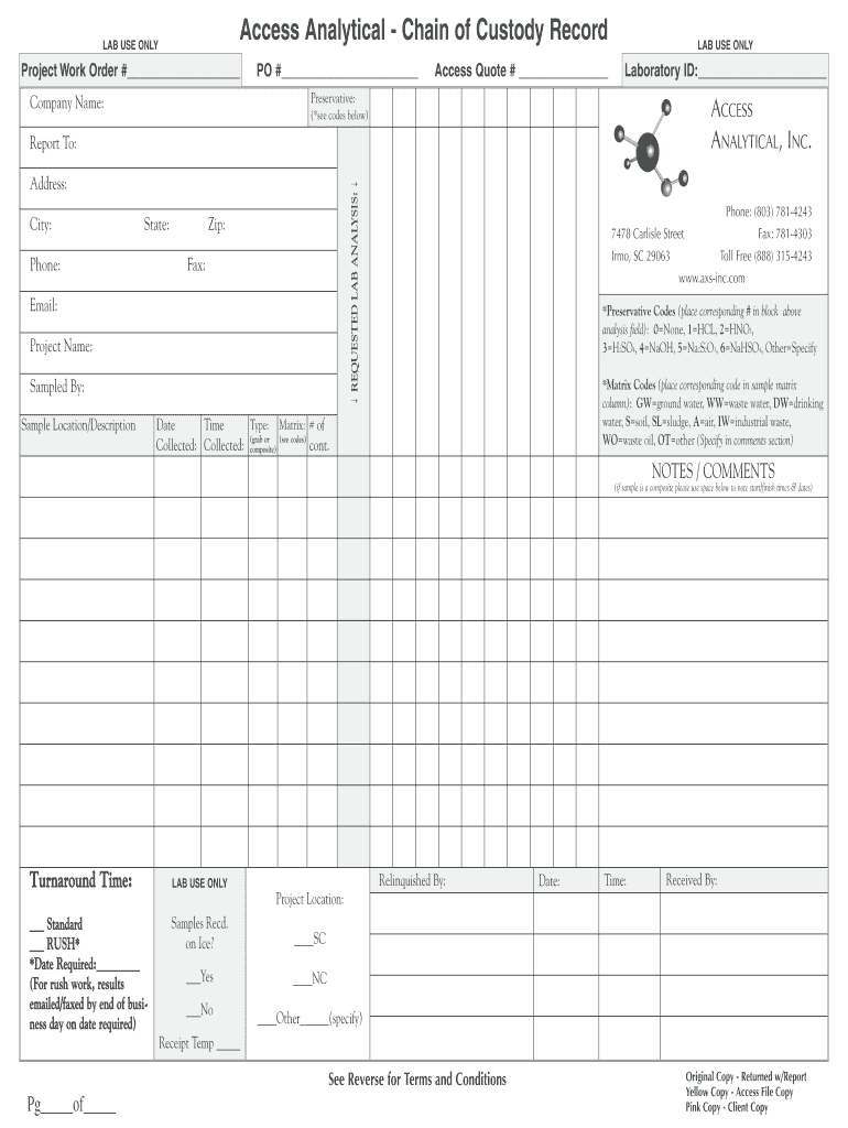 Fillable Online CHAINOFCUSTODY / Analytical Request Document Pace