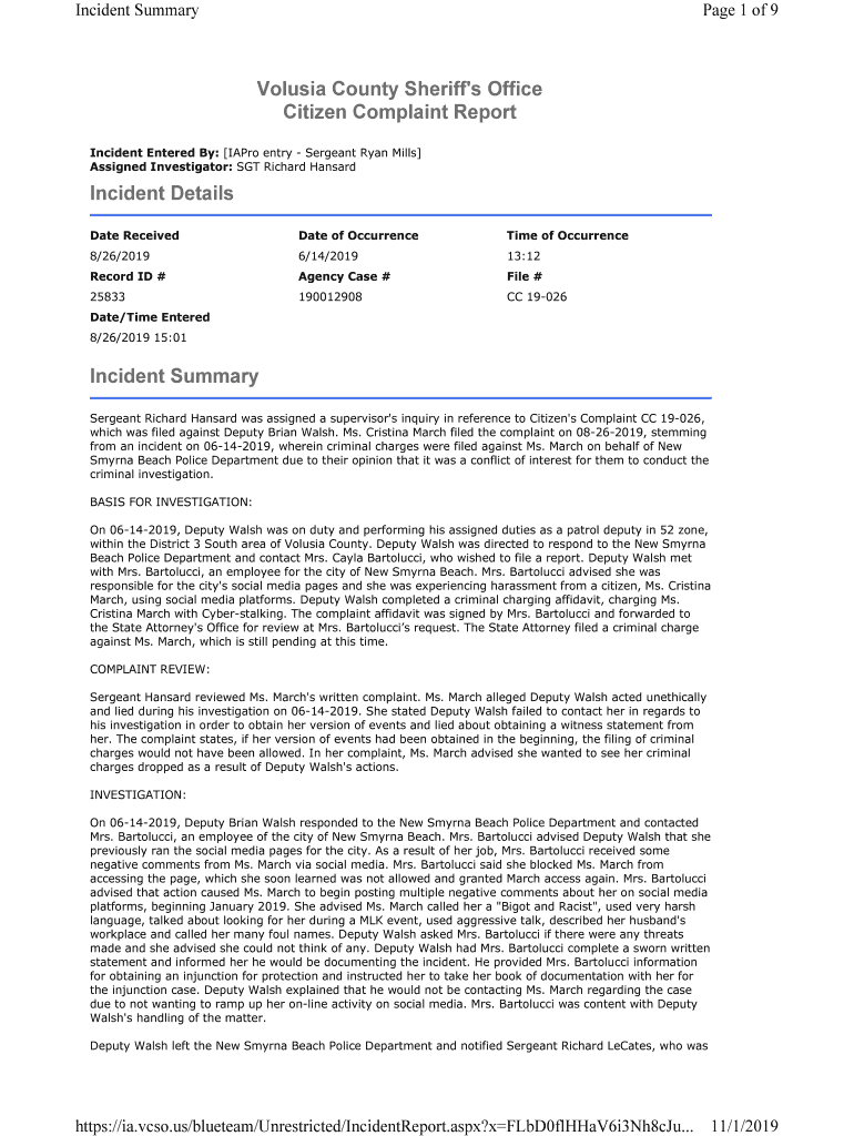 Fillable Online Volusia County Sheriff's Office Citizen Complaint