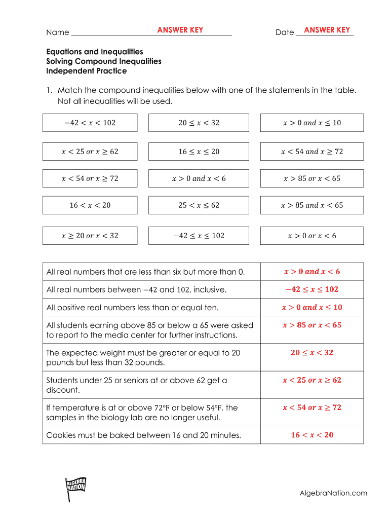 Solving And Graphing Inequalities Worksheet Answer Key Pdf - Fill In Solving Compound Inequalities Worksheet