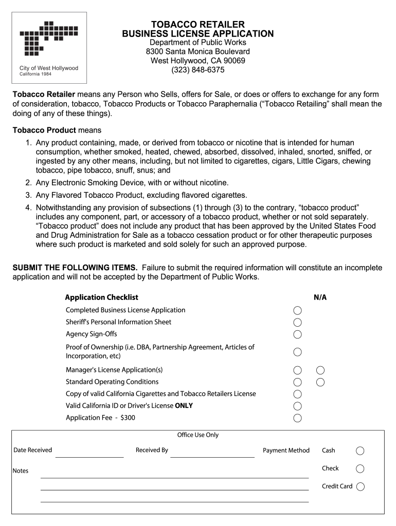 Fillable Online tobacco retailer business license application City of