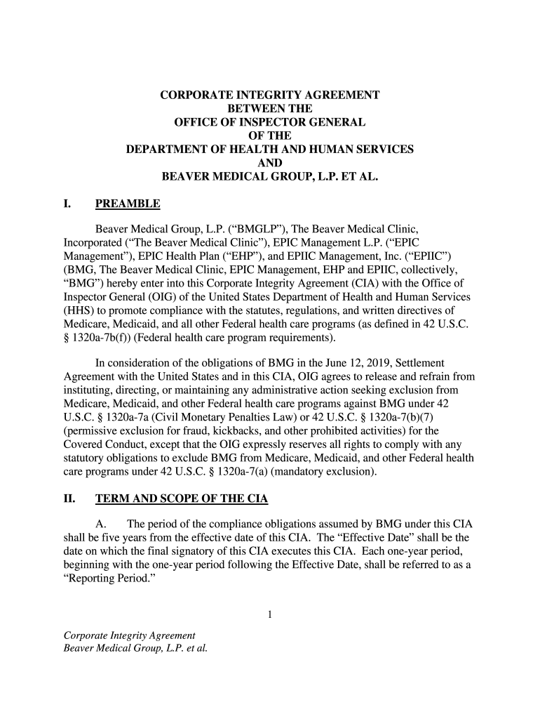 Fillable Online Beaver Medical Group, L.P. et al. Corporate Integrity