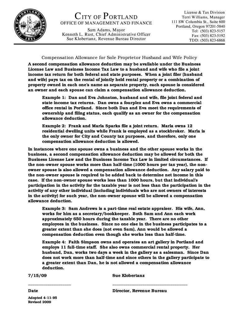 Fillable Online Compensation Allowance for Sole Proprietor Husband and