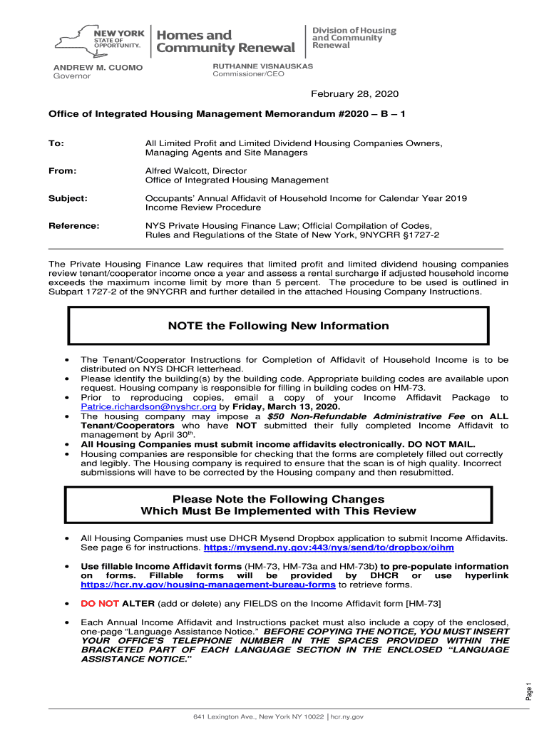 2020-B-1 Occupants' Annual Affidavit of Household Income for Calendar Year 2019 Income Review Procedure Preview on Page 1