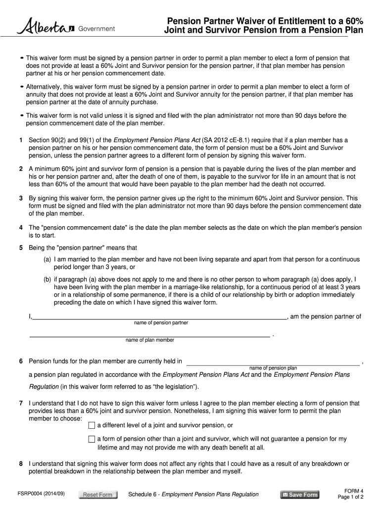 Pension Partner Waiver of Entitlement to a 60% Joint and Survivor Pension from a Pension Plan This w Preview on Page 1