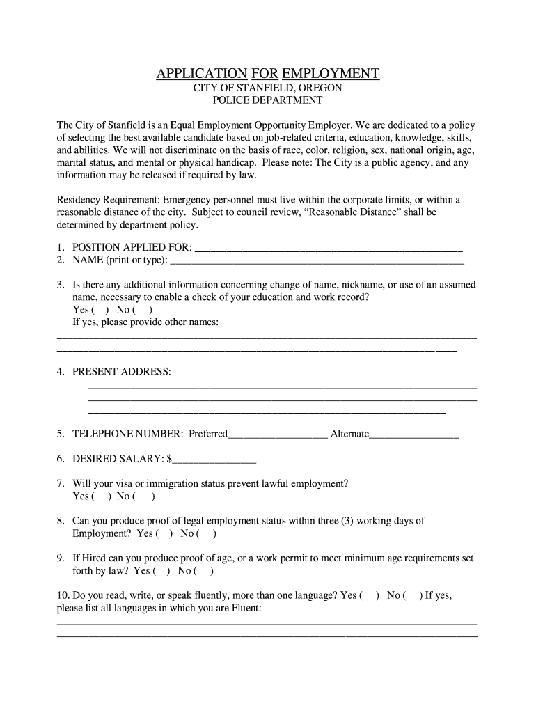 Fillable Online appli cation for employment City of Stanfield, Oregon