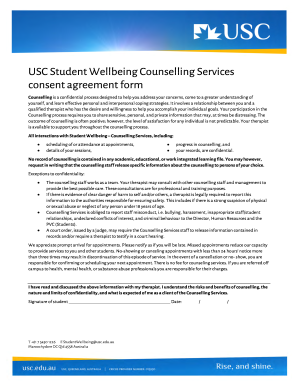 USC Student Wellbeing Counselling Services consent agreement form