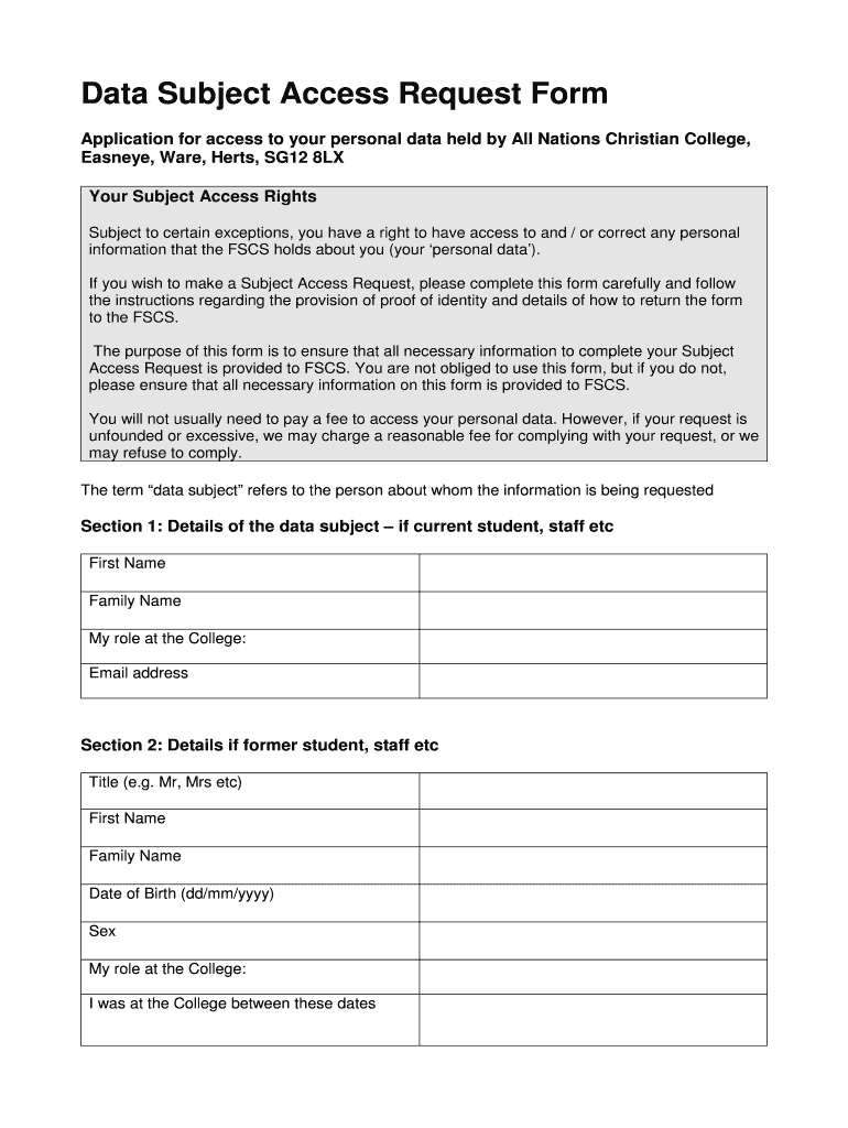 Fillable Online Data Subject Access Request Form All Nations Fax