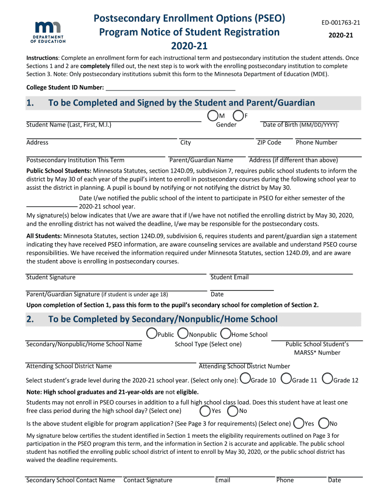 Fillable Online PostSecondary Enrollment Options (PSEO)College of