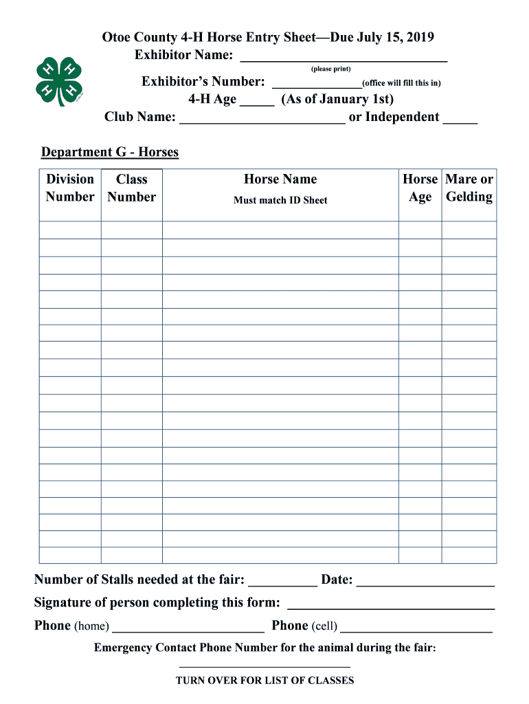 Fillable Online Otoe County 4 Exhibitor (office will fill this in) 4