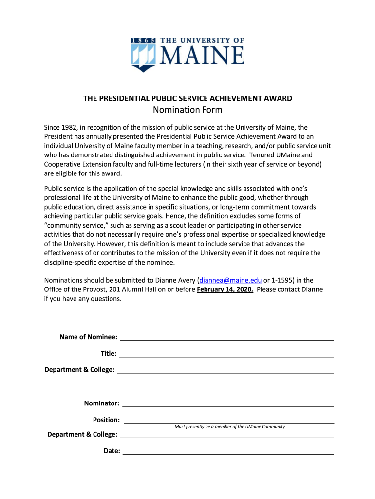 Fillable Online Presidential Public Service Achievement Award Nomination Form and Guidelines