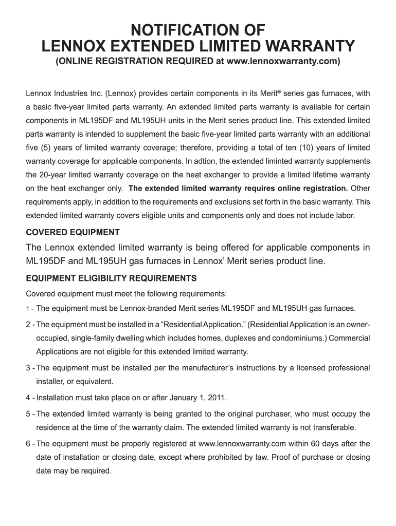 Fillable Online notification of lennox extended limited warranty ...