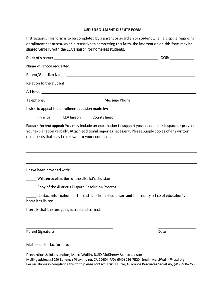 Fillable Online IUSD ENROLLMENT DISPUTE FORM Instructions: This form ...