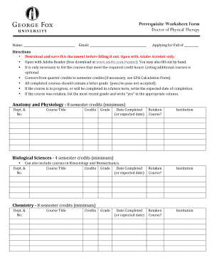 Doctor of Physical Therapy Prerequisite Worksheet