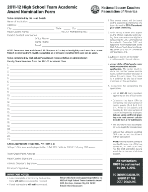 2011-12 High School Team Academic Award Nomination Form