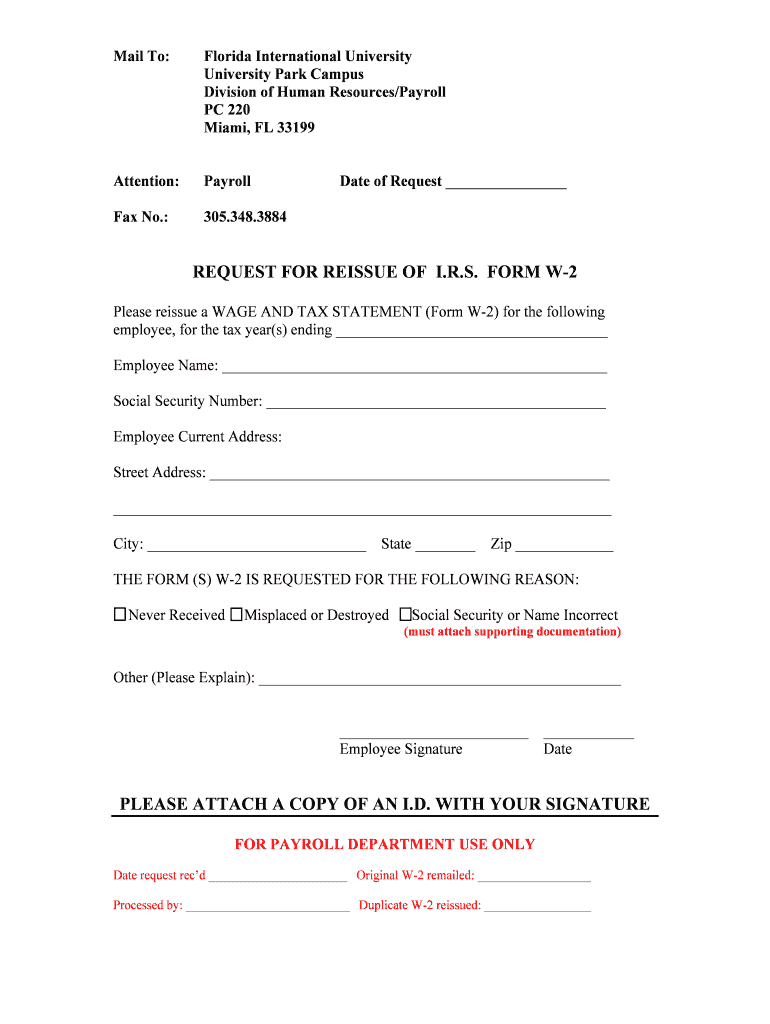 IRS Form W-2 Reissue Request - Blank Fillable Template | Fill Out ...