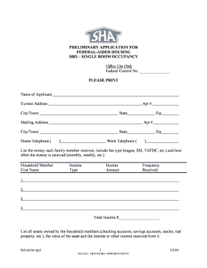 Preliminary Application for Federal-Aided Housing