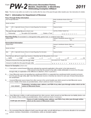 FormPW-2 Wisconsin Nonresident Withholding Exemption Affidavit 2011