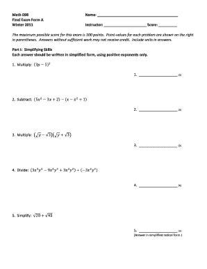 Math 098 Final Exam Form A
