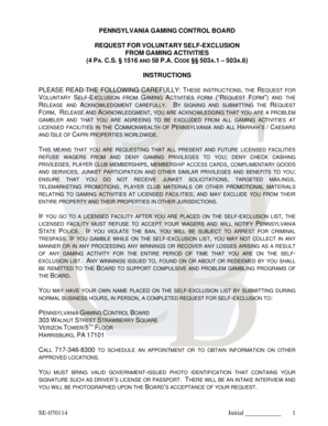 Pennsylvania Gaming Self-Exclusion Form