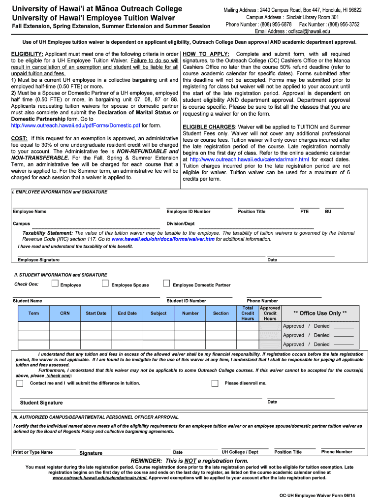Fillable Online University of Hawai'i Employee Tuition Waiver Fax Email ...