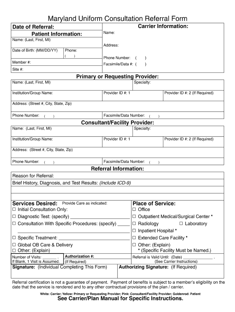 maryland uniform consultation referral form Preview on Page 1.