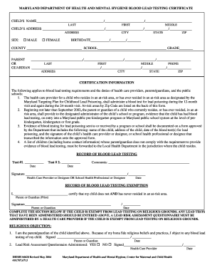 Maryland Blood Lead Testing Certificate