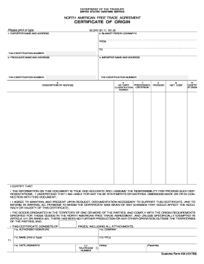 US Customs NAFTA Certificate of Origin