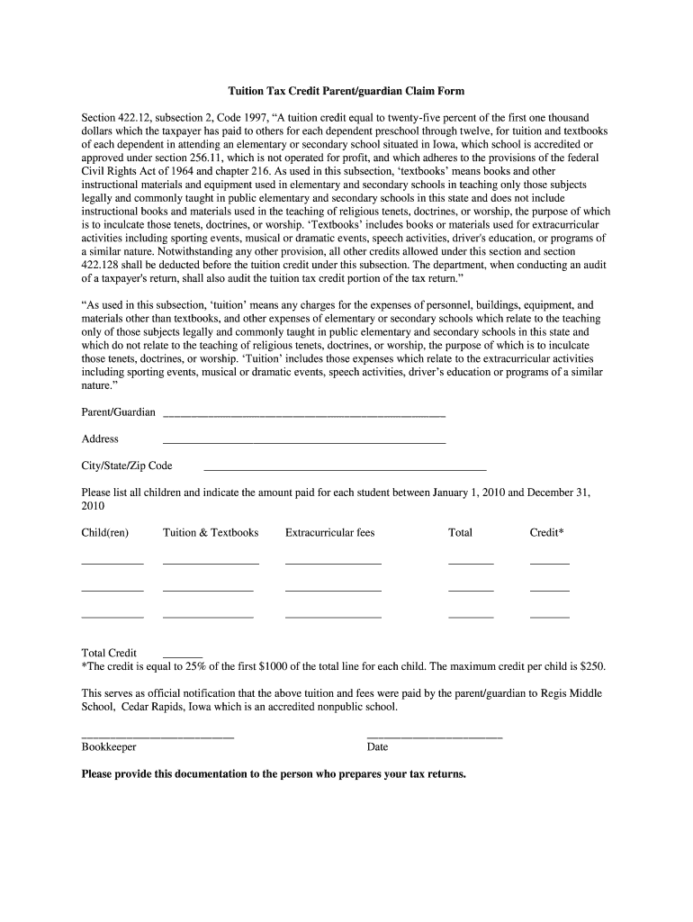 tuition tax credit parentguardian claim form Preview on Page 1.