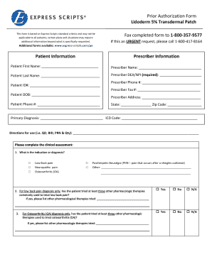 Prior Authorization Form for Lidoderm 5% Transdermal Patch