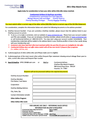 Continental Airlines Elite Status Match Form