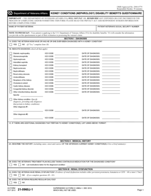 VA Form 21-0960J-1 Kidney Conditions Disability Questionnaire