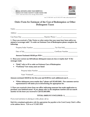 Order Form for Estimate of the Cost of Redemption or Other Delinquent Taxes