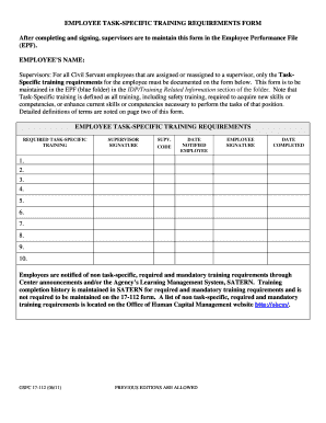 Employee training schedule template - Employee task-specific training requirements form - NASA's GSFC ... - ohcm ndc nasa