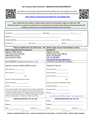San Francisco State University Immunization Requirements Form