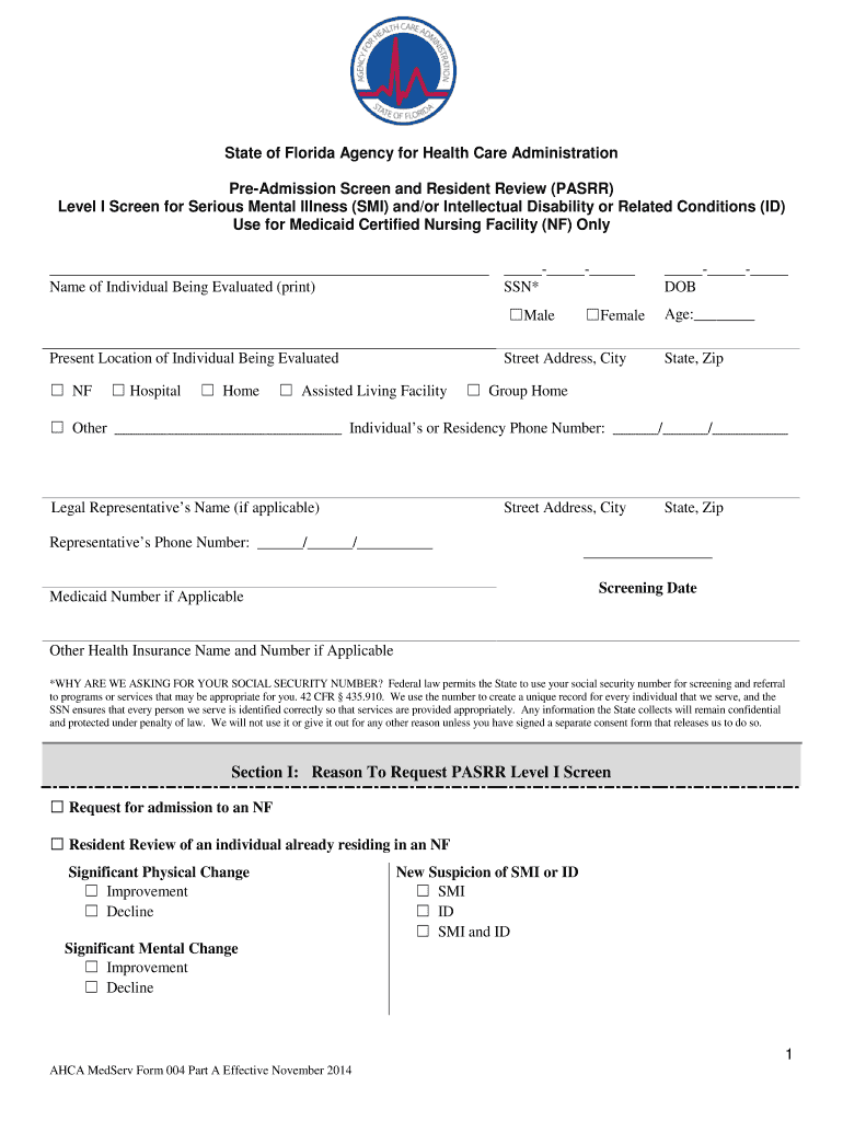 Level I PASRR Form - Agency for Health Care Administration Preview on Page 1