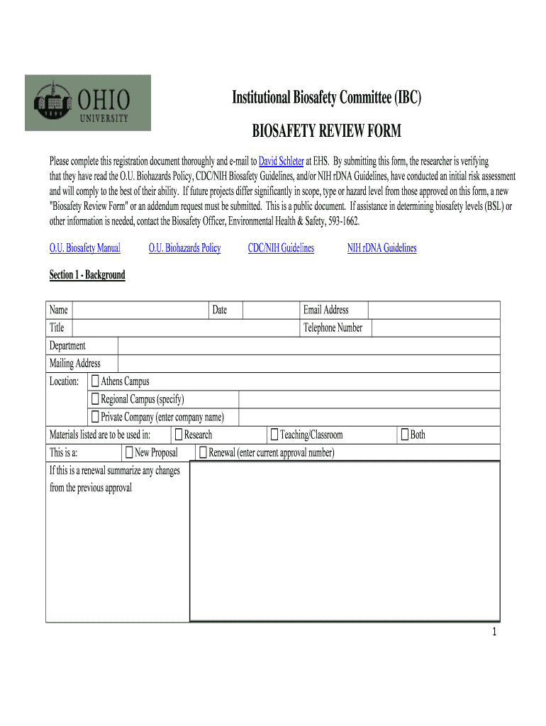 Institutional Biosafety Committee (IBC) BIOSAFETY REVIEW FORM - ohio Preview on Page 1