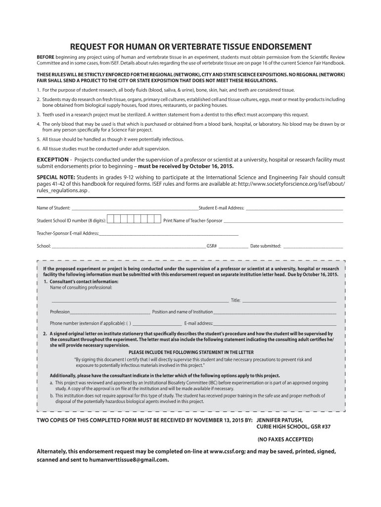 REQUEST FOR HUMAN OR VERTEBRATE TISSUE ENDORSEMENT Preview on Page 1