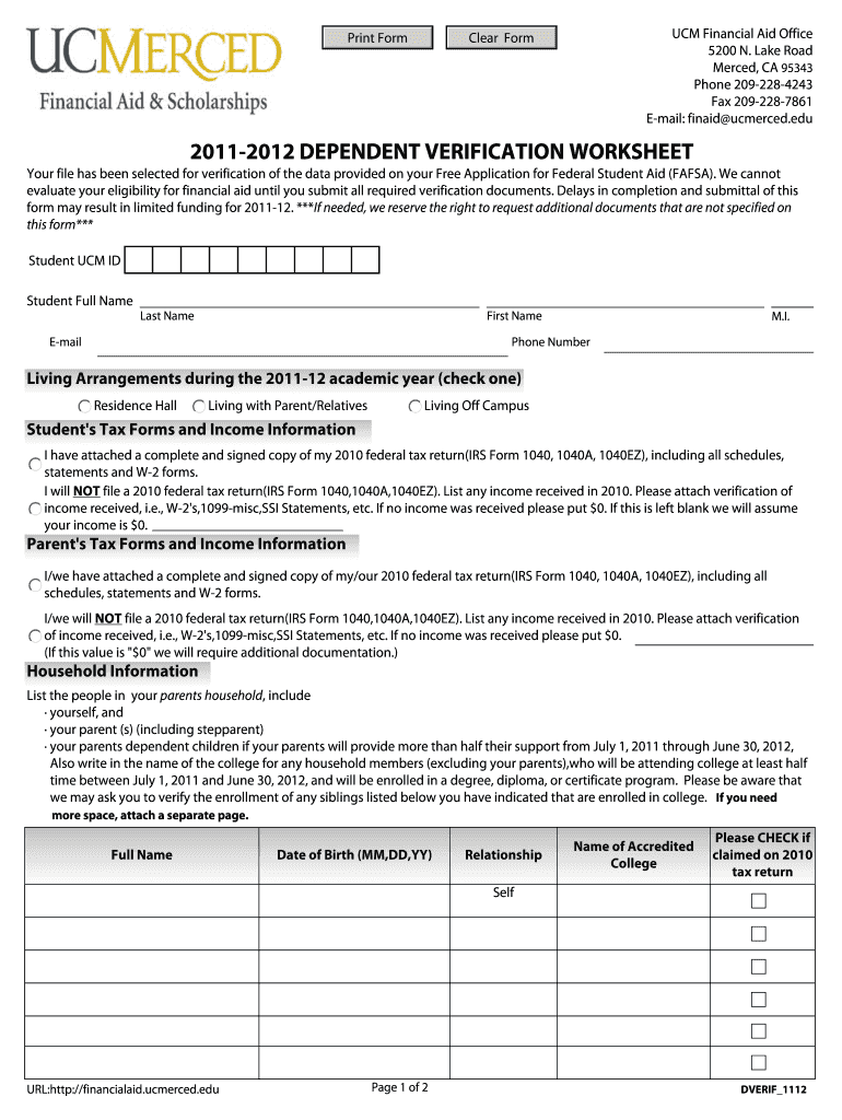 2011-2012 dependent verification worksheet - Financial Aid Preview on Page 1