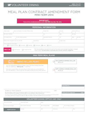 Staff meal menu - amendment mail for meal plan form